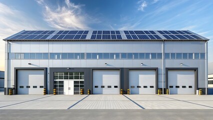 Modern exterior logistics warehouse building with sleek architectural design, with large solar panels, large loading bays, wide entry doors, and spacious parking area