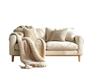 Light beige couch with knitted throw and pillows