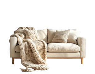 Light beige couch with knitted throw and pillows