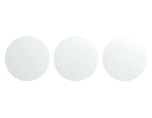 Three blank, circular, white objects arranged horizontally