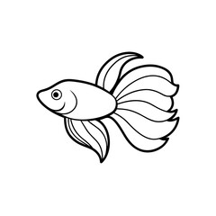 Illustration of a betta fish with flowing fins and tail in a simple black and white outline style drawing on transparent background