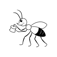 Cartoon ant carrying a small bucket with a cheerful expression in a black and white line drawing style on transparent background