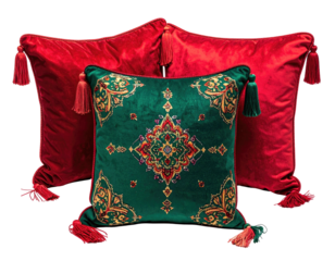 Two decorative pillows, emerald green with red accents, tassel details