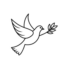 Illustration of a dove in flight holding an olive branch with outlined details on a white background image on transparent background