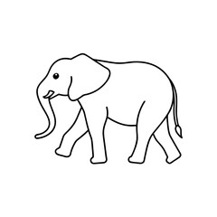 Illustration of a walking elephant outlined in black with a visible trunk and a small tail design on transparent background
