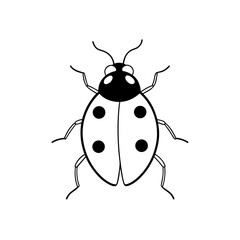 A simple black and white drawing of a ladybug with six legs and spots on its shell illustration on transparent background