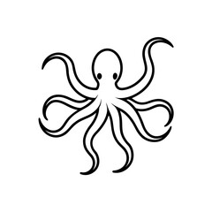 Illustration of a simple black and white octopus with eight tentacles on a white background drawing style on transparent background