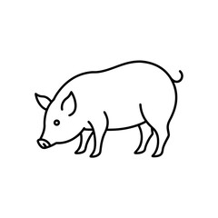 Illustration of a simple line drawing of a pig standing with its head down in a white background on transparent background