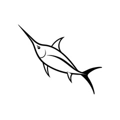 A black and white drawing of a marlin fish with a long pointed bill swimming upwards in the ocean water on transparent background