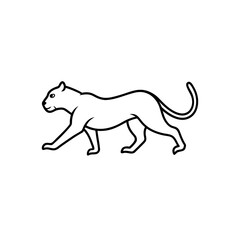 Illustration of a black outline drawing of a panther walking with a curled tail and sleek appearance design on transparent background