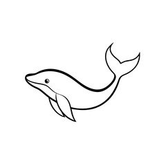 Illustration of a simple black and white outline drawing of a whale with a curved body and tail fin on transparent background
