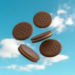 Chocolate chip cookie floating on a sky background. Aesthetic sweet food concept