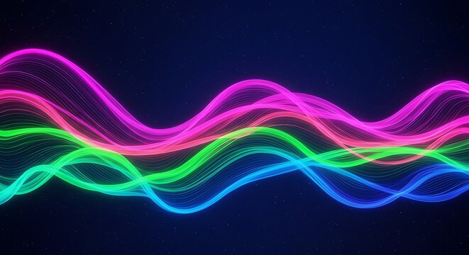 Vibrant neon light wave patterns on dark background digital illustration