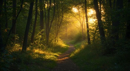 Fototapeta premium Sunlit pathway through a dense forest with tall trees and warm light filtering through foliage