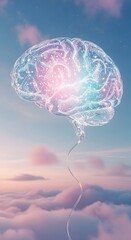 Ethereal Glowing Brain Floating in Dreamy Pastel Clouds.