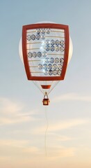 A uniquely shaped hot air balloon with a decorative panel flying in the serene morning sky.