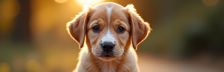 sweet puppy locks eyes viewer shallow depth field bathed warm soft light gentle shadows