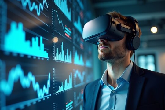 Businessman in Virtual Reality Goggles Surrounded by Floating Digital Financial Data Charts and Graphs