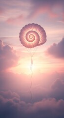 Ethereal Spiral Shell Floating Above Dreamy Pastel Clouds at Sunrise.