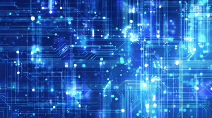 Obraz premium Abstract digital circuit board with glowing blue lines and holographic overlays for innovation