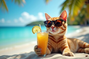 Cat in Sunglasses Relaxing on a Tropical Beach with a Cocktail