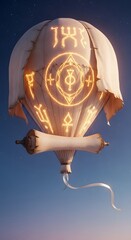 Mystical parchment hot air balloon with glowing arcane sigils flying high.