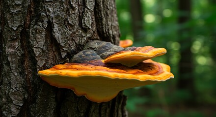 Vibrant orange and brown mushroom growing on tree trunk in forest setting