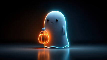 Fototapeta premium Neon Ghostly Delight: An adorable neon ghost holds a pumpkin basket, radiating joy with its cute expression, creating a heartwarming Halloween atmosphere.