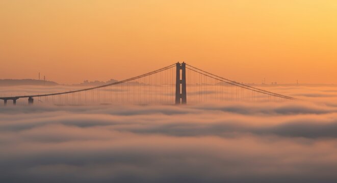 Suspension bridge silhouette rising through dense fog at dawn with golden light and copy space
