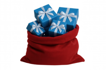 Red santa claus sack overflowing with bright blue gift boxes and white ribbons, symbolizing christmas, holidays, giving, presents