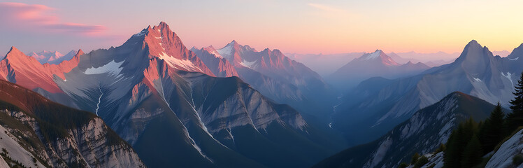 sweeping shot captures breathtaking mountain landscape bathed warm golden light soft pinks oranges glowing across