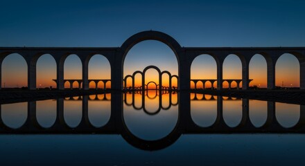 Symmetrical architectural arches reflected in still water at sunset with dramatic color palette