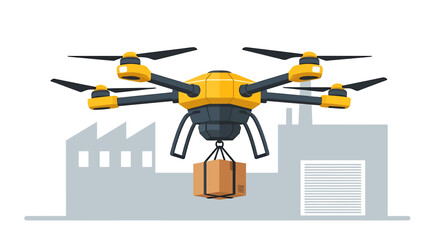 A yellow and black drone delivering a package to an industrial facility, illustrating modern logistics and automated delivery services.