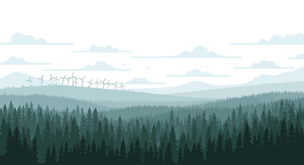 A serene landscape featuring rolling hills covered in dense evergreen forests, with a distant wind farm on the horizon under a hazy sky.