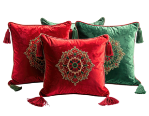 Four decorative velvet pillows in red and green. Embroidered floral designs. Tassels