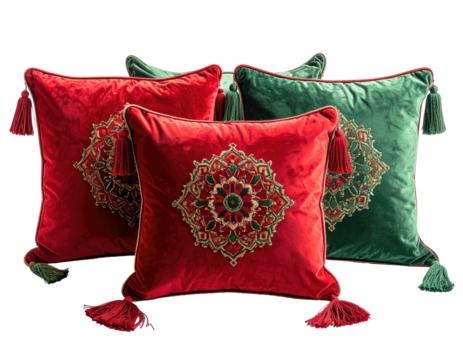 Four decorative velvet pillows in red and green. Embroidered floral designs. Tassels