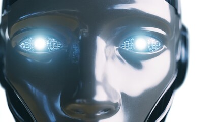 Close up of a humanoid robot face with glowing eyes and futuristic ai chatbot technology elements