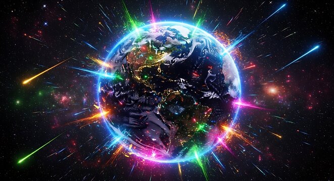 Digital earth globe with explosions and neon lights in outer space