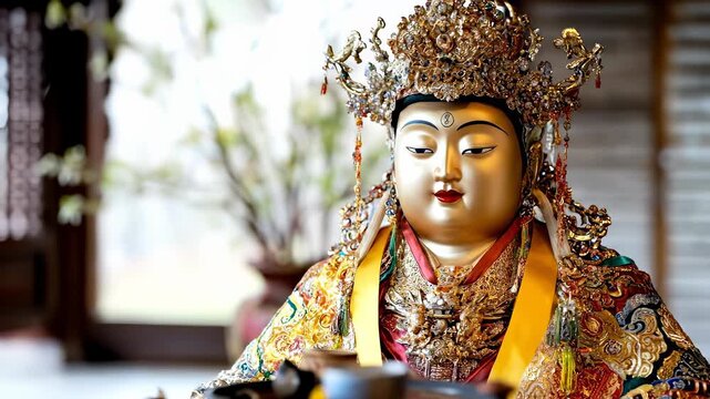 Patroness Matsu lore: chinese divinity, seafaring guardian, wave protector, navigator helper, divine power, cultural heritage, island belief, shrine symbol, folk memory, holy figure, spiritual beacon,