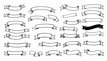 Collection of hand-drawn banners, various shapes and sizes, on white background