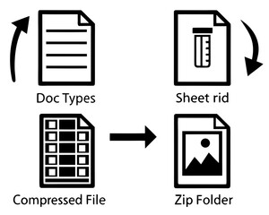 Four types of document icons including text spreadsheet medical image and data