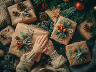 Happy family moments with children and parents celebrating together, wrapping colorful presents, giving and opening gifts, joyful emotions, festive holiday atmosphere, love and happiness.