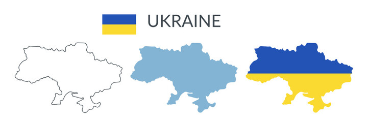 Obraz premium Ukraine country geographical borders isolated on white background. Ukrainian flag. Vector flat cliparts. 