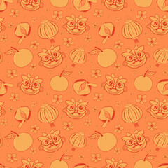 Seamless pattern with Traditional Chinese dragon, lanterns, oranges, fortune cookies, and blossoms. Lunar New Year print, Festive background, Perfect for wrapping, packaging, stationery, fabrics.