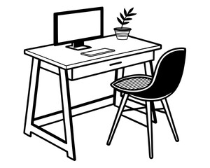 Minimalist desk and chair with computer and cup illustration