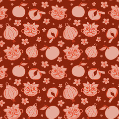 Seamless pattern with Traditional Chinese dragon, lanterns, oranges, fortune cookies, and blossoms. Lunar New Year print, Festive background, Perfect for wrapping, packaging, stationery, fabrics.