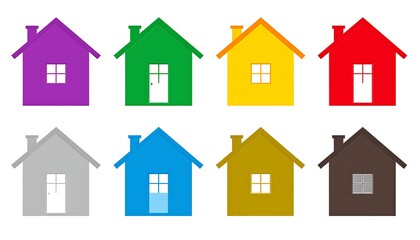 Eight colorful house icons, simple design, white background