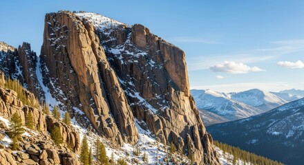 Majestic rocky mountain landscape with snow accents in pristine daylight