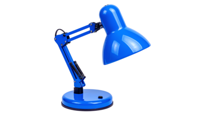 Blue metal desk lamp with an adjustable bulb and power cord, an office lighting object for reading or business