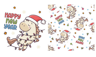 Vector set for printing on children's products. Seamless vector pattern. A cute pony wearing a Santa hat and wrapped in a garland, with a Happy New Year inscription. . Vector illustration